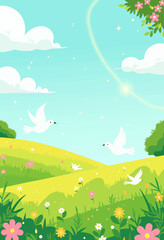 Fototapeta premium Pastoral Scene with Doves, Flowers, and Sunshine