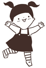 Cute black and white  girl  illustration kid . Minimal retro wood cut style. png file 