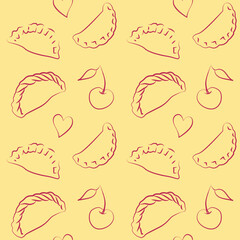 Vector seamless pattern outlines drawing Ukrainian dumplings, known as vareniki or varenyky, cherries, and hearts, using cherry-colored lines on a pale yellow background.
