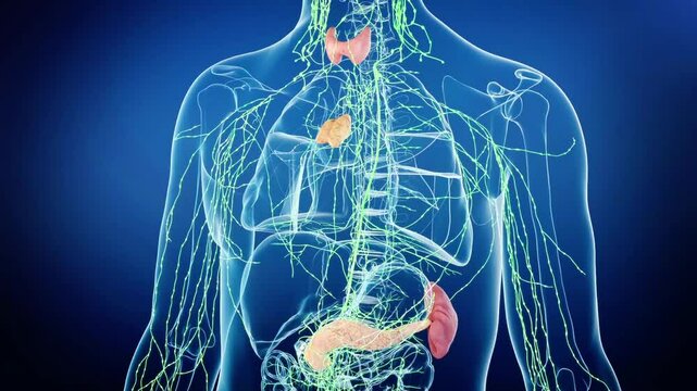 Immune organs of the human body, lymphatic system, lymph nodes anatomy, 3D animation rendering,
