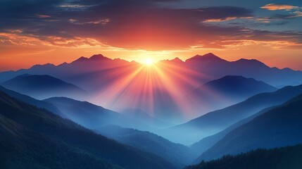 Obraz premium High mountain panorama with orange sun rays illuminating ridges and rugged slopes, expansive horizon, serene and dramatic atmosphere 