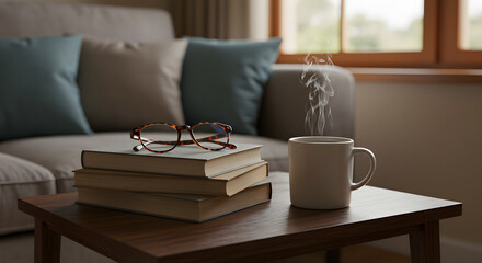 Cozy Reading Nook: A Relaxing Atmosphere with Hot Coffee and Books