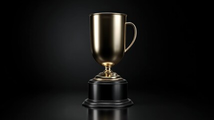 Fototapeta premium Shiny golden trophy on a black pedestal, symbolizing achievement and victory in sports or competitions.