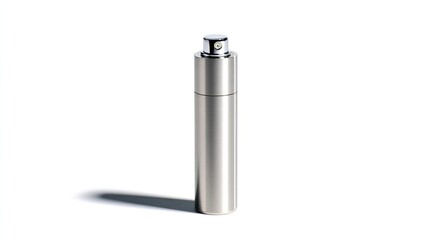 Silver metallic spray bottle on white background.