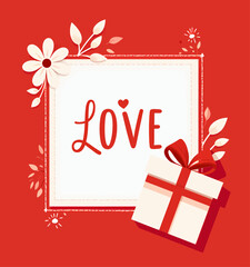 Red Love Card with Gift and Floral Accents