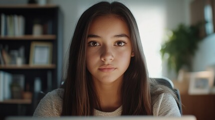 Hispanic teen girl, latin young woman school student elearning distance training course work at home office watching online learning webinar using laptop. Over shoulder close up mock up screen view.