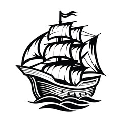 Antique Sailing Ship Silhouette Black and White Clipper on Wavy Ocean