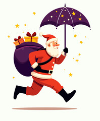 Fototapeta premium Santa Runs with Gifts and Starry Umbrella
