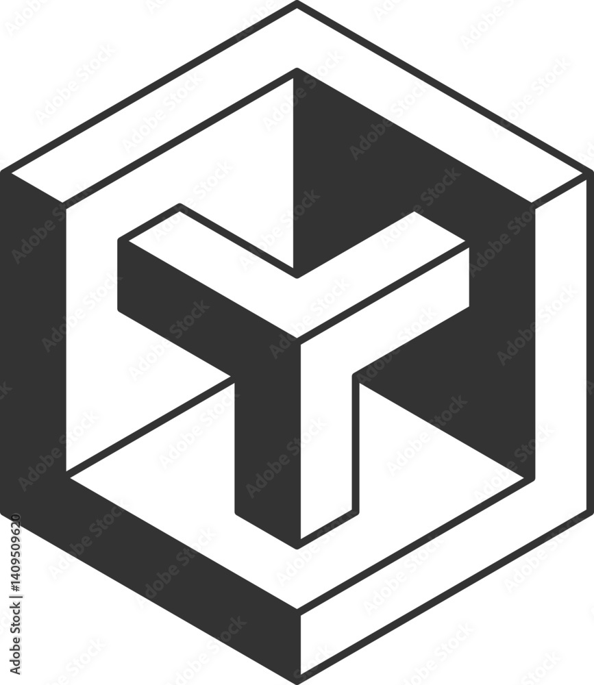 Poster stylish abstract vector graphic featuring a hexagonal cube with a three-dimensional, y-shaped inner 