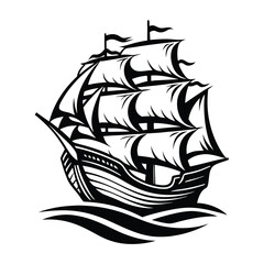 Black and White Old Sailing Ship, Vessel in the Sea with Sails and Flags Silhouette