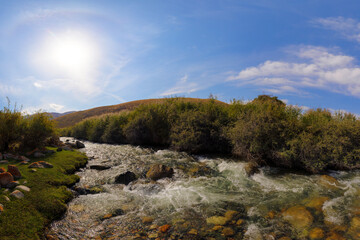 Turbulent Rocky River with Lush Green Banks