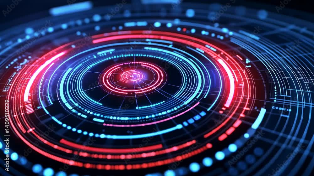 Poster Abstract digital interface with concentric rings and glowing lines.