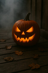 A single carved pumpkin with a sinister grin set on a wooden porch, surrounded by faint fog and scattered dried leaves