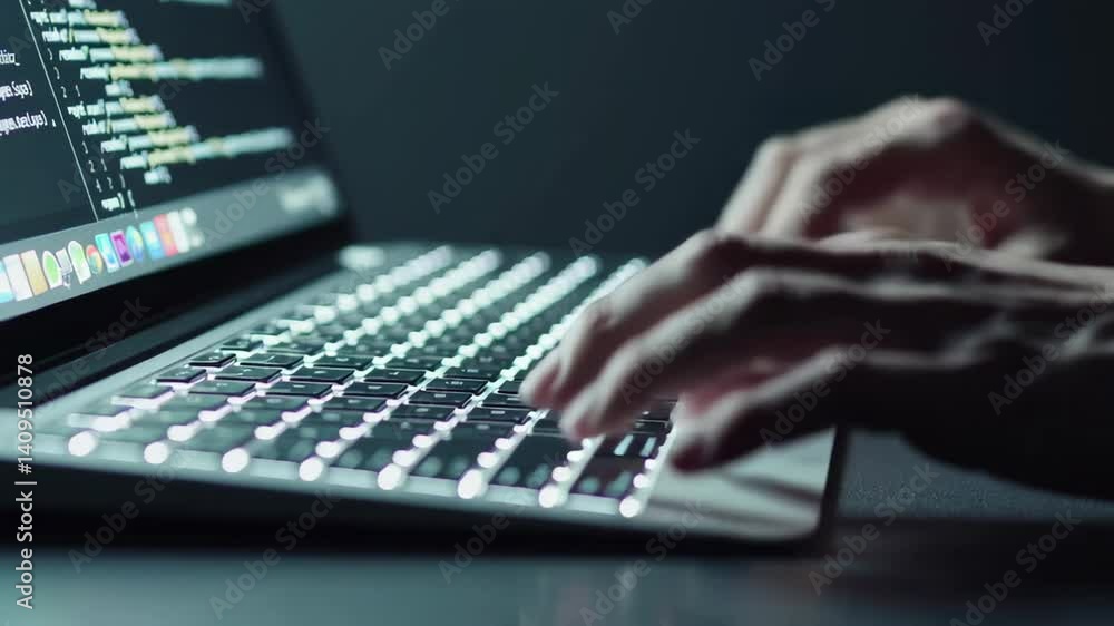 Aufkleber Concentrated programmer working on software development, typing code with illuminated keyboard in dimly lit workspace, focusing intently on digital project
