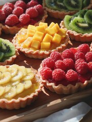 Wooden tray with several small tarts on it. the tarts are filled with fresh fruit, including raspberries, kiwi, and mangoes.