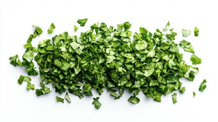 Fototapeta premium Overhead shot of a pile of fresh, chopped parsley on a white background.