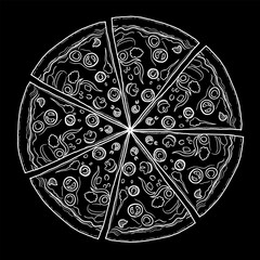 Hand drawn sketch vector illustration of pizza food with white lines and black background