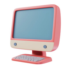 3D Desktop computer icon with a transparent background. Isolated blank retro PC icon in plastic cartoon style.