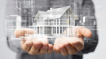 Young Architect Holding Model of a House with Overlay Design Elements