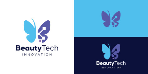 Obraz premium Modern beauty tech logo template. Fly tech digital logo design vector illustration.