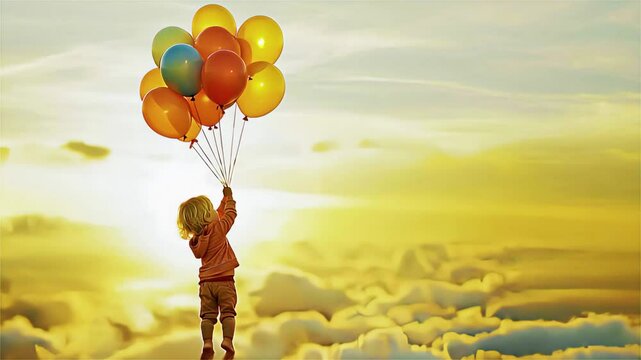 Child Holding Balloons Floating Over Clouds on a Birthday | Magical and Joyful Celebration in the Sky
