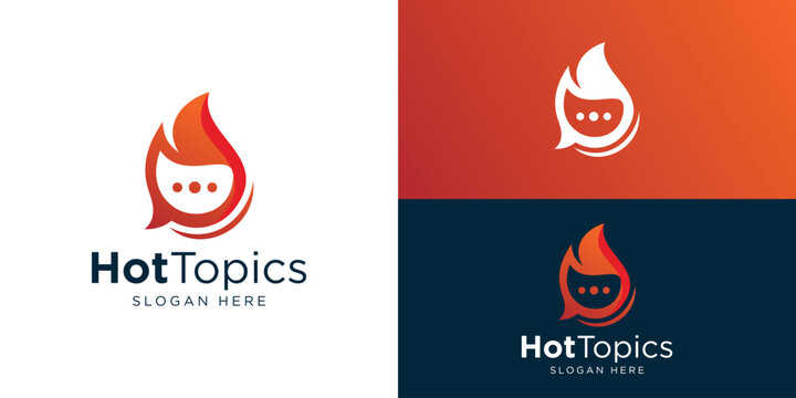 Creative hot topics logo template. Fire with bubble chat logo design vector illustration.