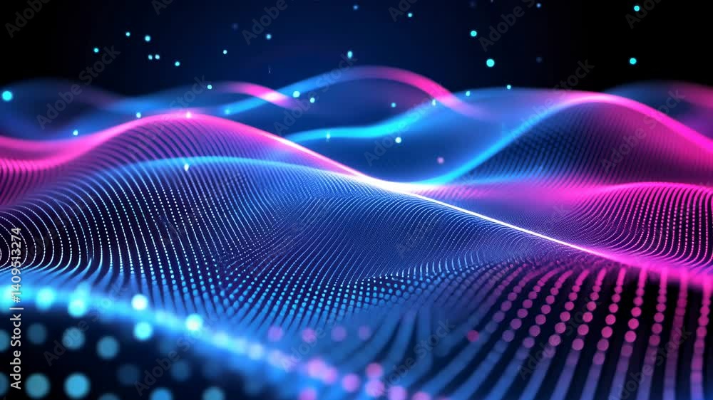 Poster abstract digital landscape with glowing particles.