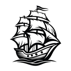 Monochrome Sailing Ship Art, Old Tall Ship Silhouette, Vessel on Water, Nautical Motif