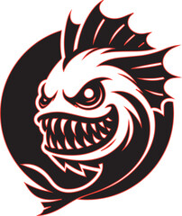 Ferocious Piranha Emblem: A striking illustration of a menacing piranha, rendered in bold black and white with a touch of red, perfect for adding an aggressive edge to any project.