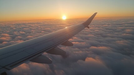 Obraz premium A breathtaking sunset view from an airplane wing above the clouds during a tranquil evening flight