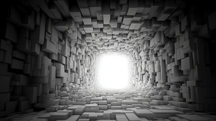 Abstract tunnel of blocks leading to light