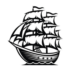 Silhouette of a Galleon Ship With Full Sails and Rigging, Isolated on White BG