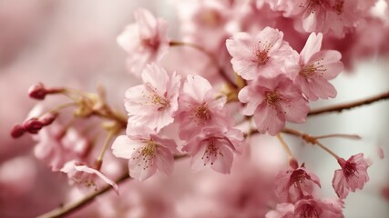 Close-up of pink cherry blossoms in soft focus, creating a dreamy atmosphere.