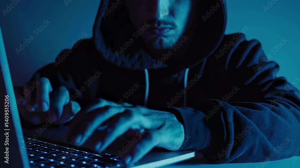 Fototapete Programmers hands typing computer code with intense focus, illuminating dark workspace through soft blue glow from laptop screen during late night digital development session