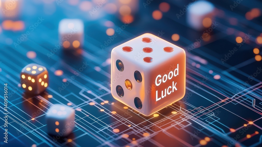 Poster glowing dice symbolizing good luck digital realm hyperrealistic design futuristic environment close-