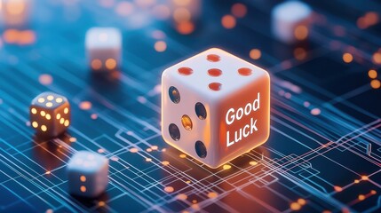 Glowing dice symbolizing good luck digital realm hyperrealistic design futuristic environment close-up view conceptual art