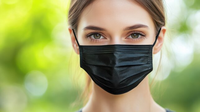 health, safety and pandemic concept - young woman wearing black face protective reusable barrier mask outdoors