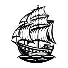 Silhouette of a Classic Sailing Ship, Detailed Mast, White Background, Black Color, Ocean Wave
