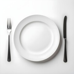 "Empty White Plate with Fork and Knife &ndash; Minimal Table Setting on White Background for Food or Restaurant Concept"