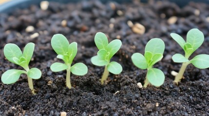 Four young seedlings sprout from dark soil in a pot.