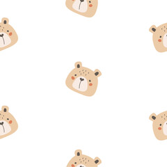 Seamless pattern with light brown bears on a white background. Cute childish design with wild animals. Vector illustration. 