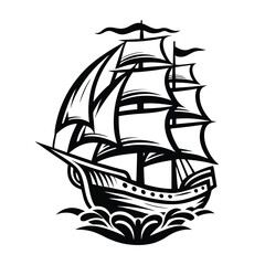 Vintage Sailing Ship Silhouette On White Background, Nautical Vessel, Tall Ship Art