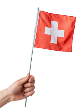 Hand holding Swiss flag on transparent background