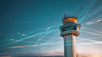 Digital Air Traffic Control Tower with Flight Paths at Sunset