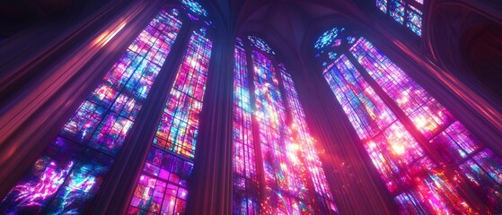 Obraz premium Sunlight Through Stained Glass Windows in Cathedral Interior. Use Design