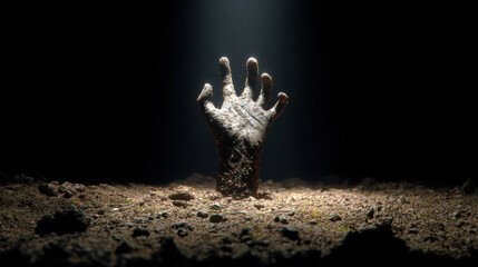 Creepy zombie hand emerging from the ground in dark horror atmosphere with spotlight, symbolizing resurrection