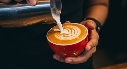 Barista preparing latte with beautiful latte art