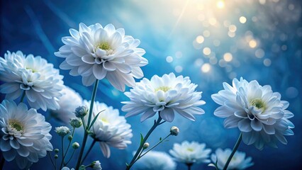 Fototapeta premium Surreal blue canvas showcases blooming white flowers; a dreamy, beautiful floral image.