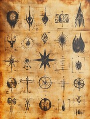Fototapeta premium Ancient alchemical symbols on aged parchment with vintage artifacts