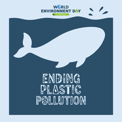 World Environment Day 2025 illustration. Whale among marine plastic pollution illustration. World environment day 2025 theme : Ending Plastic Pollution